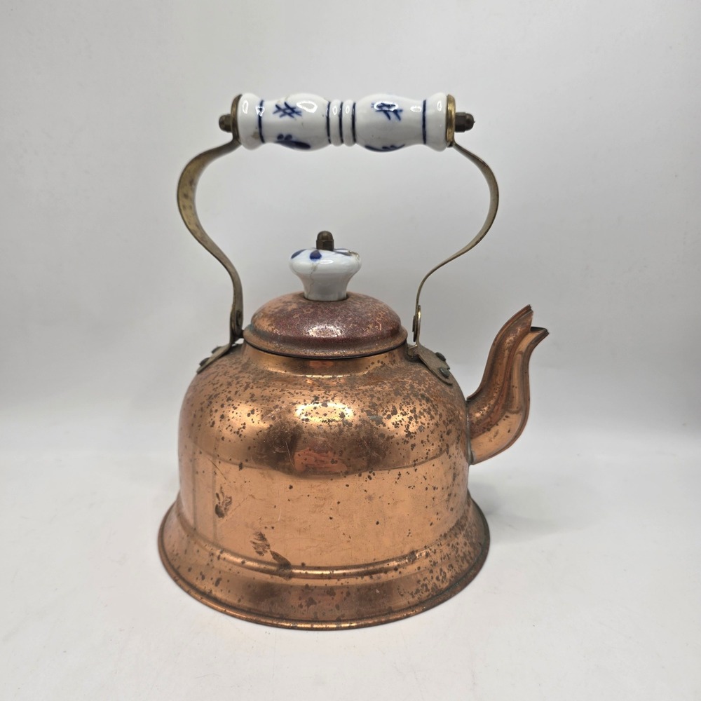 Portugal Copper Tea Kettle Vintage Floral Ceramic Handle Rustic‎ Farmhouse Decor